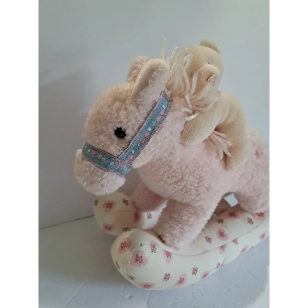 Baby Aurora Musical Rocking Horse Plush W/ Bear Pink‎ Floral Heart Victorian VTG
